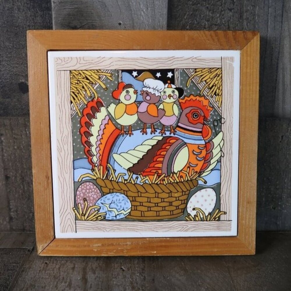 Gailstyn Sutton Ceramic Tile Trivet Hen Chick Primitive Country Folk Art Chicken